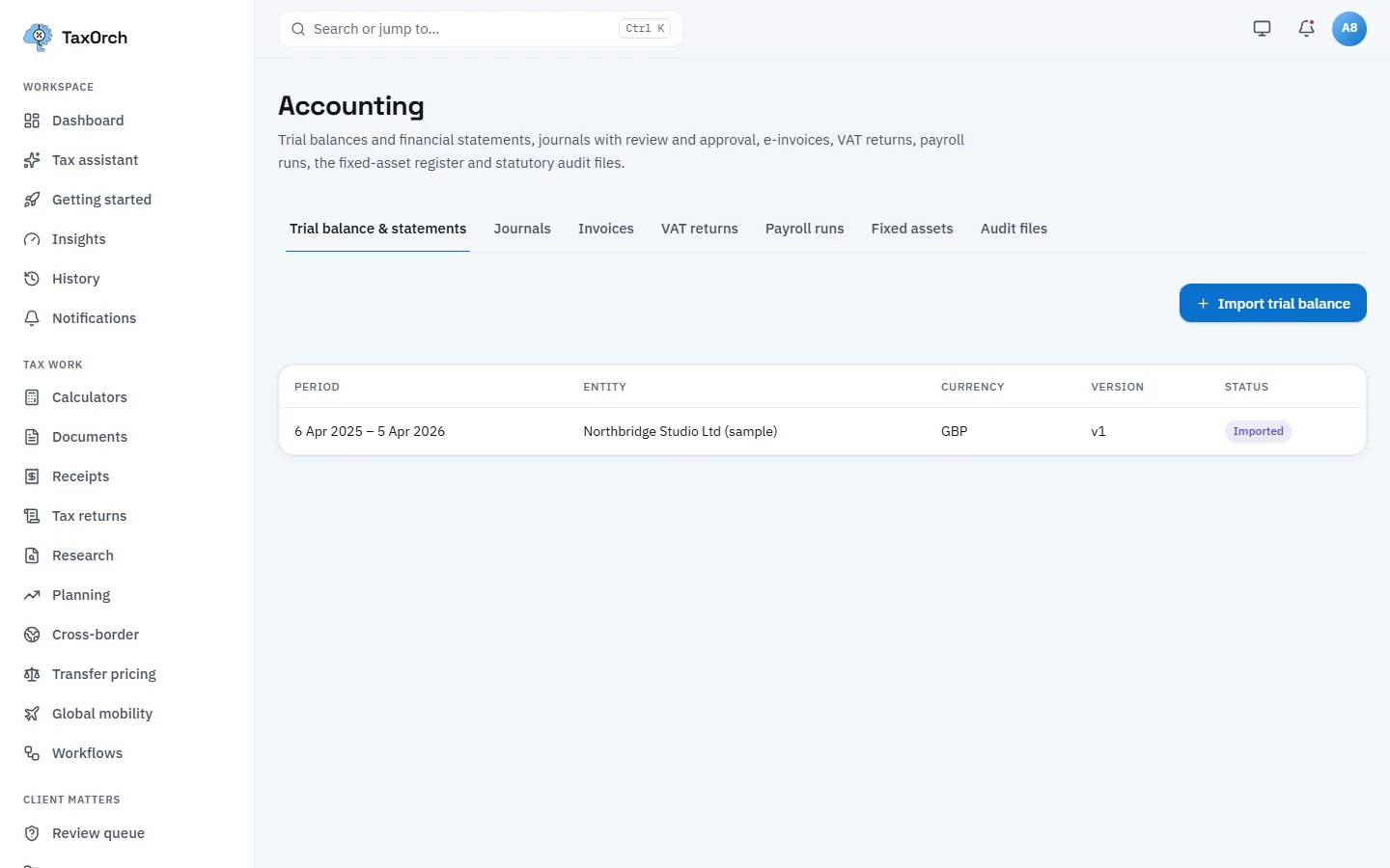 The TaxOrch Accounting page on the Trial balance & statements tab with an Import trial balance button and one row for Northbridge Studio Ltd (sample), 6 Apr 2025 to 5 Apr 2026, GBP, version 1, status Imported