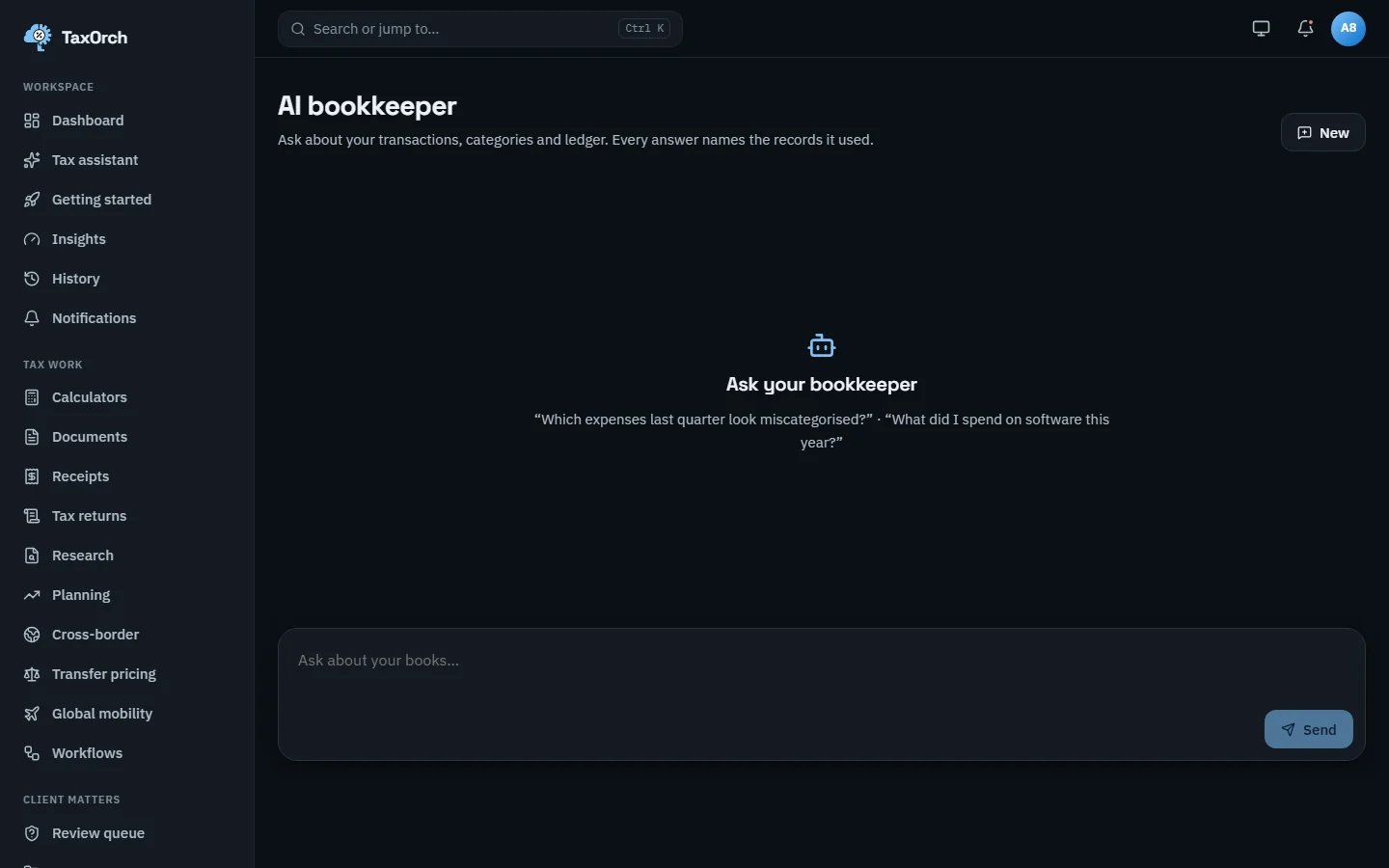 The TaxOrch AI bookkeeper page with the prompt Ask your bookkeeper, two example questions about miscategorised expenses and software spend, and a question box