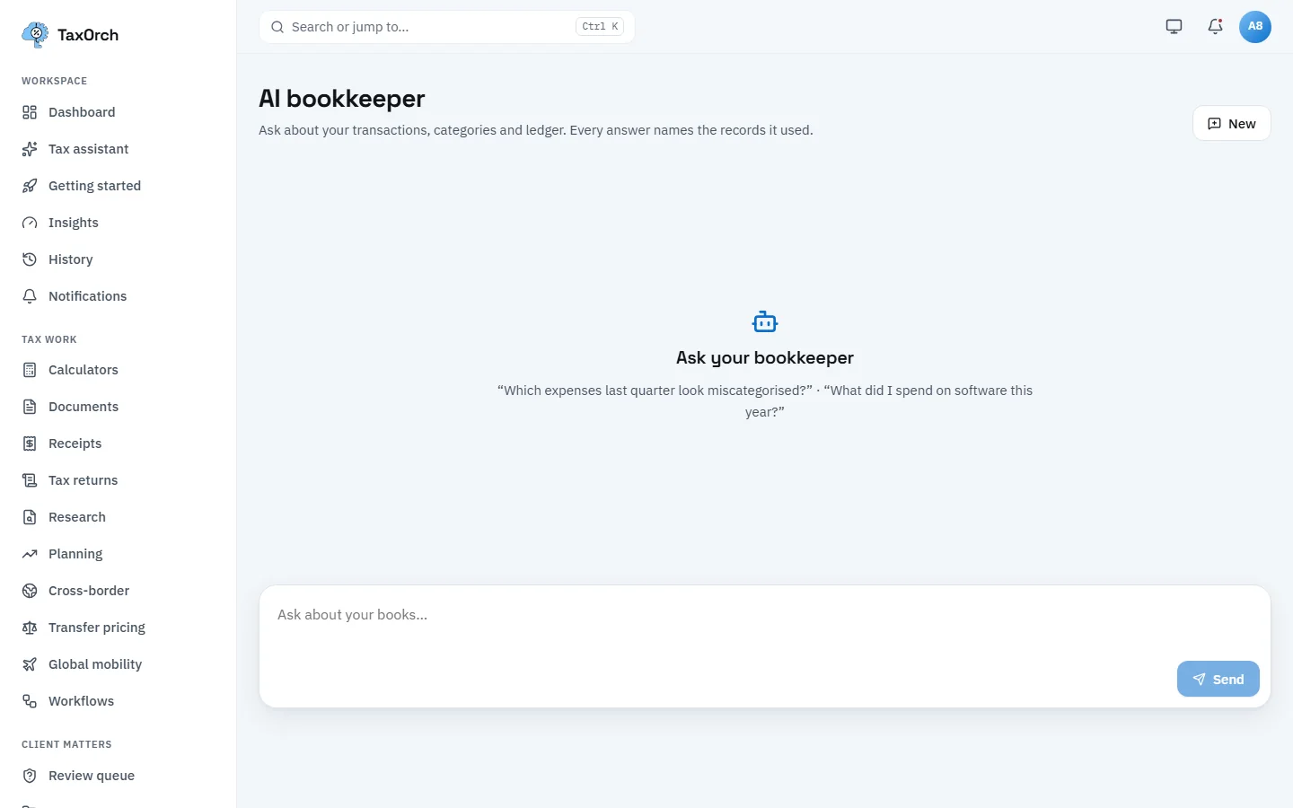 The TaxOrch AI bookkeeper page with the prompt Ask your bookkeeper, two example questions about miscategorised expenses and software spend, and a question box