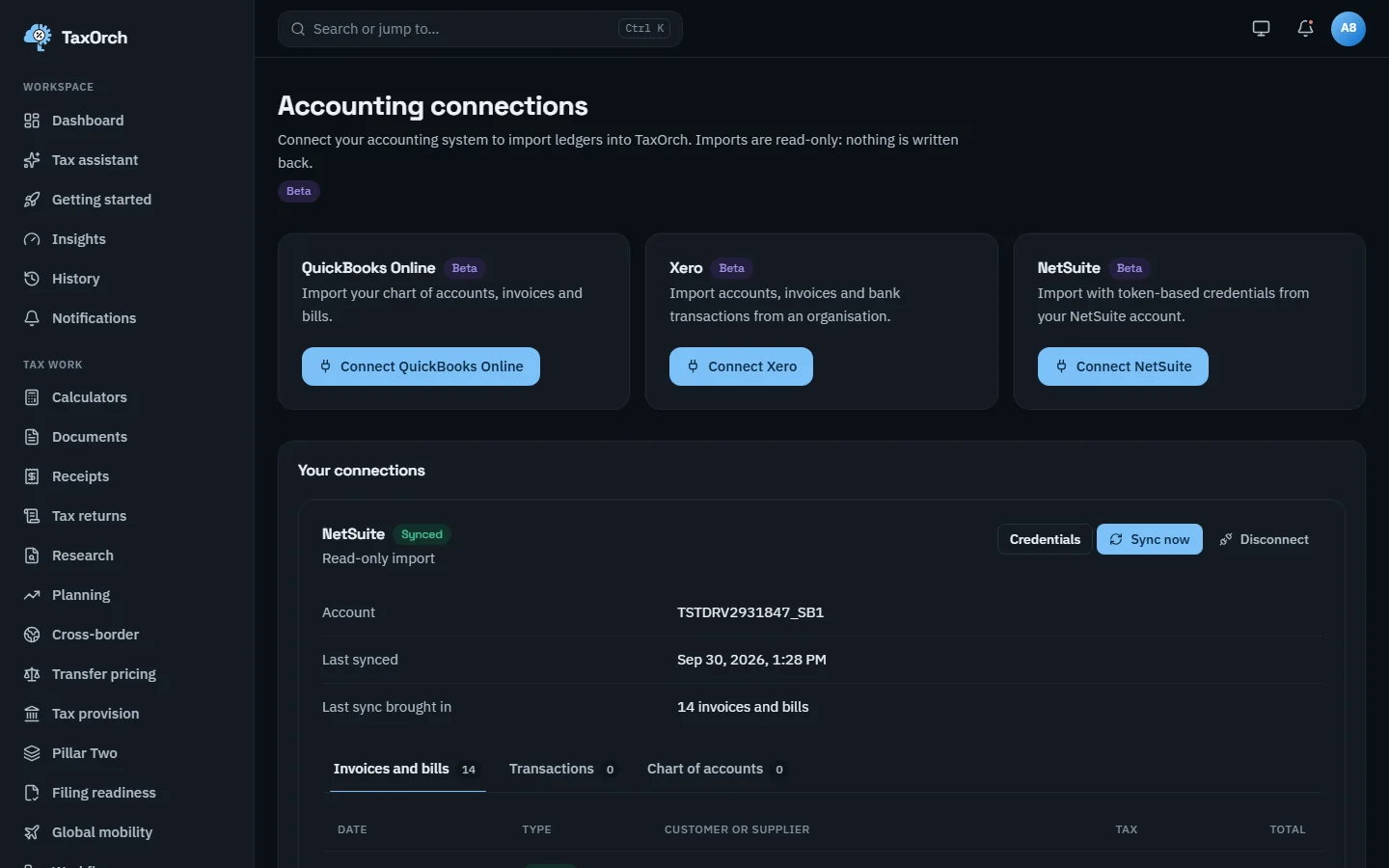 The TaxOrch Accounting connections page with a Beta badge, cards to connect QuickBooks Online, Xero and NetSuite, and a NetSuite connection showing its account, last import and 14 invoices and bills brought in