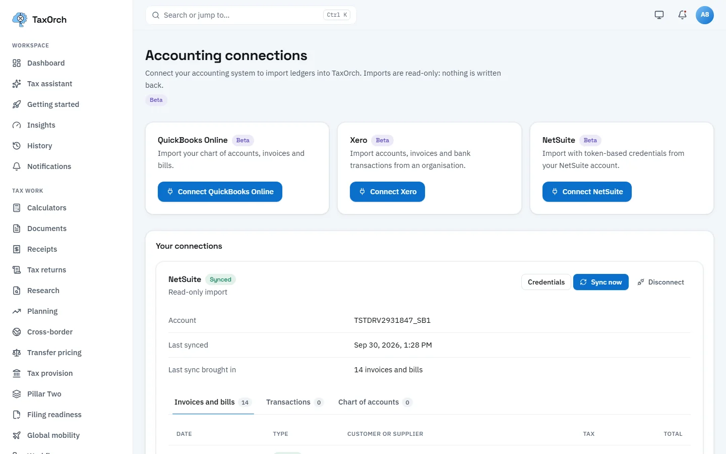 The TaxOrch Accounting connections page with a Beta badge, cards to connect QuickBooks Online, Xero and NetSuite, and a NetSuite connection showing its account, last import and 14 invoices and bills brought in