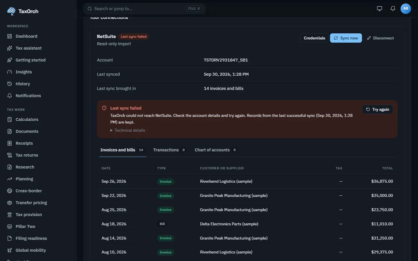 A NetSuite connection in TaxOrch marked Last sync failed with a notice that TaxOrch could not reach NetSuite, that records from the last successful import are kept, a Technical details link and a Try again button