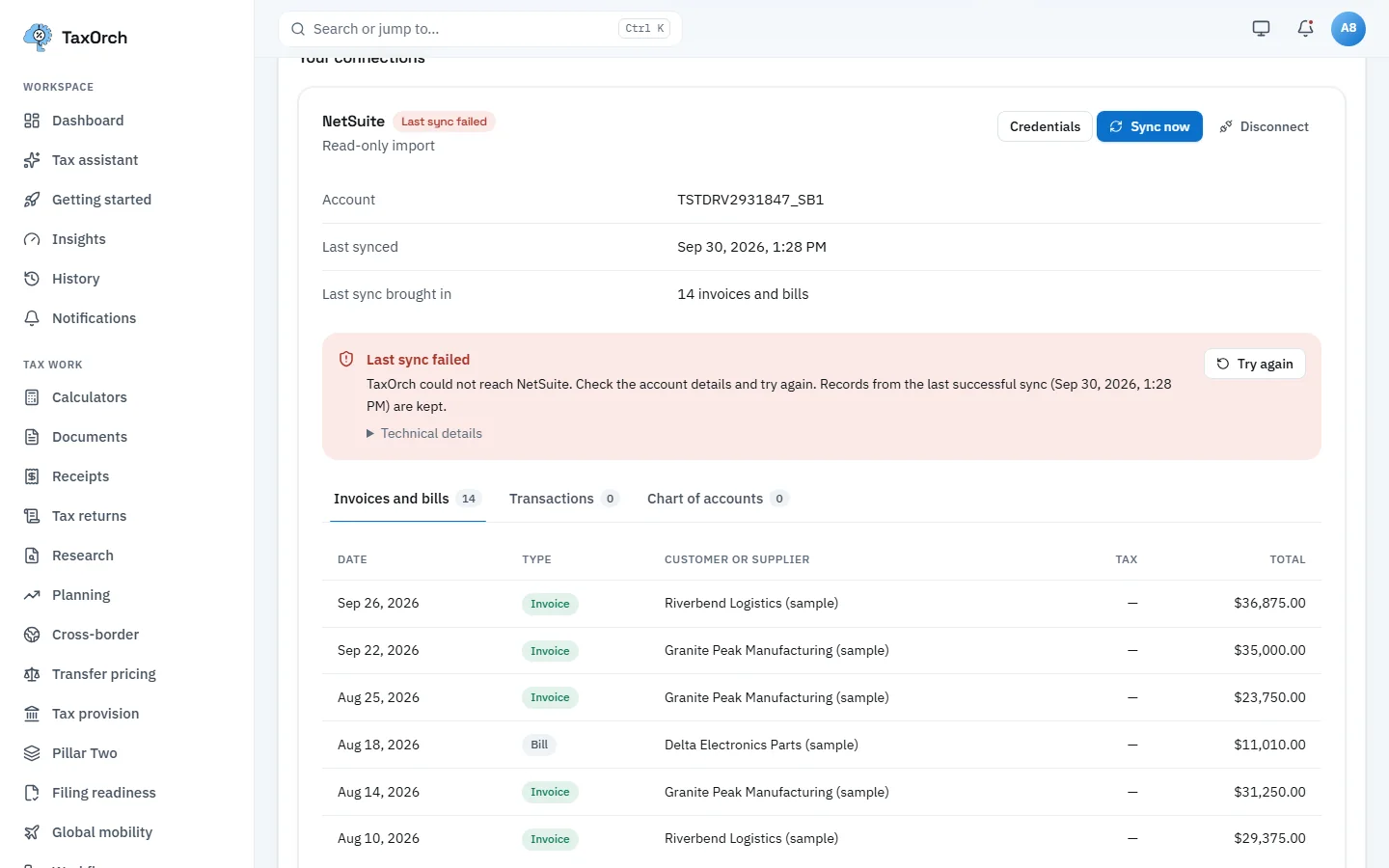 A NetSuite connection in TaxOrch marked Last sync failed with a notice that TaxOrch could not reach NetSuite, that records from the last successful import are kept, a Technical details link and a Try again button