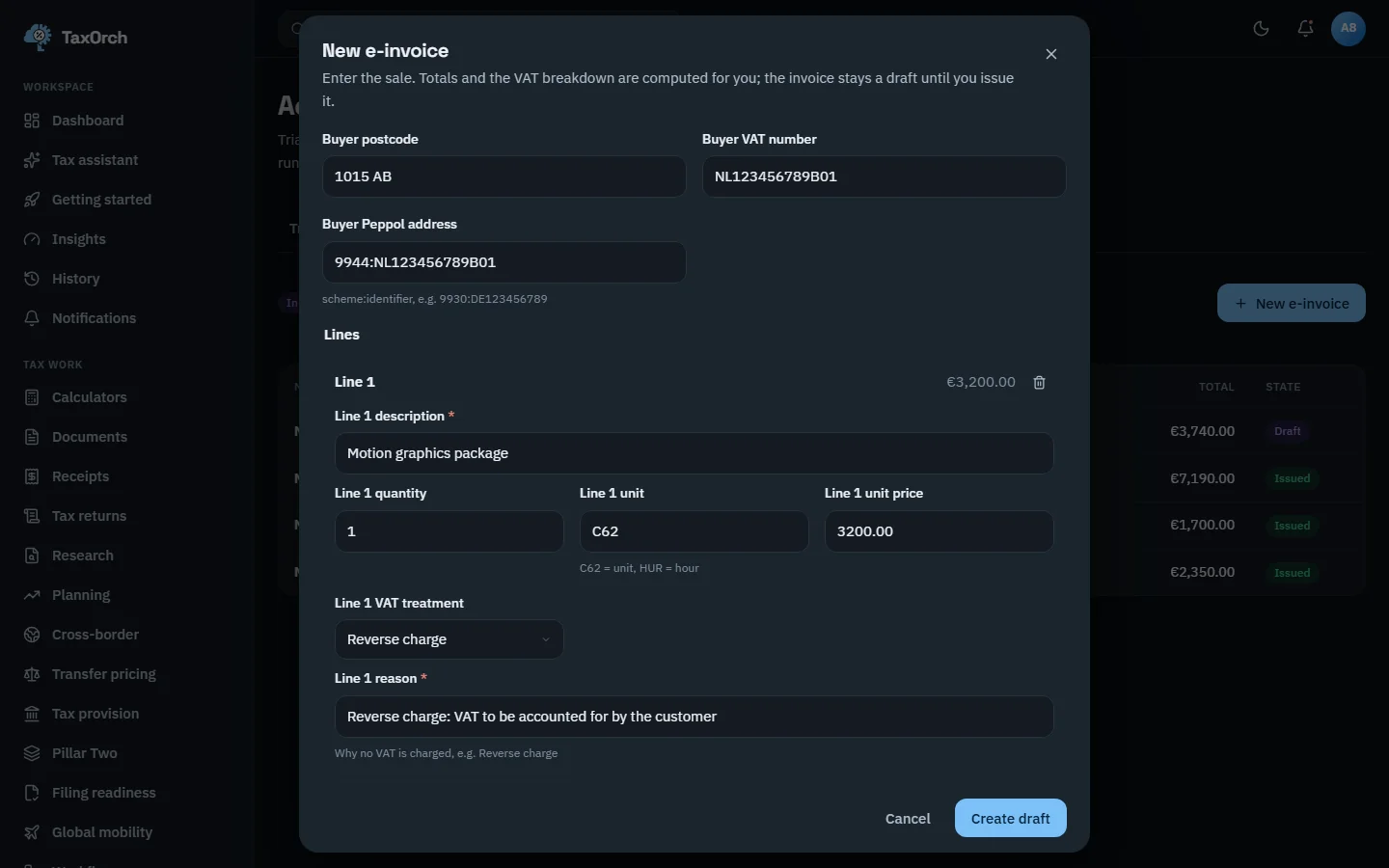 The New e-invoice form in TaxOrch with buyer postcode, VAT number and Peppol address, and one line for a motion graphics package at 3200.00 with reverse charge VAT treatment and the reason recorded