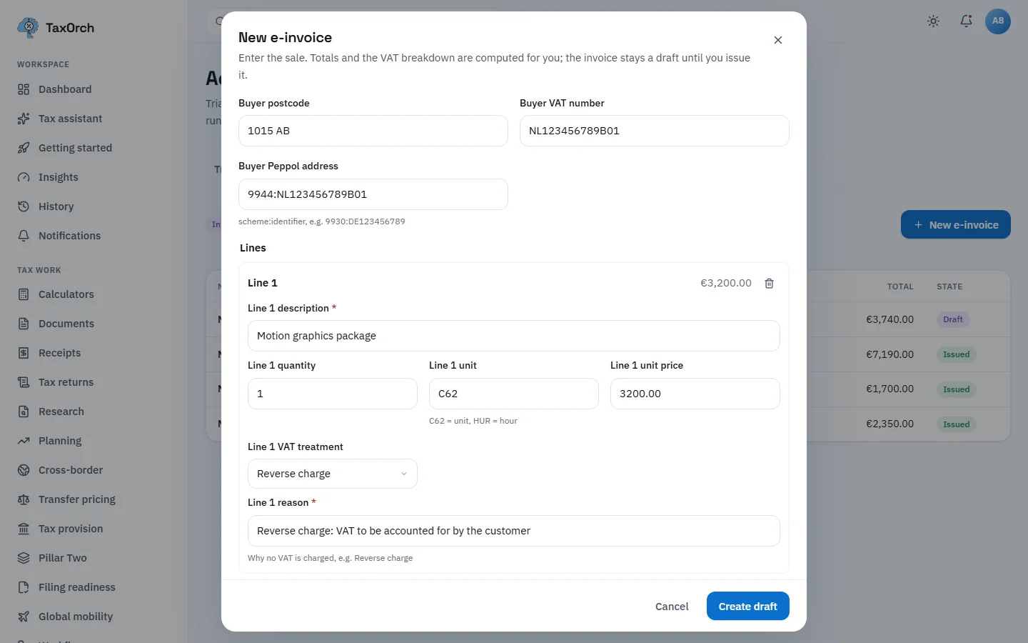 The New e-invoice form in TaxOrch with buyer postcode, VAT number and Peppol address, and one line for a motion graphics package at 3200.00 with reverse charge VAT treatment and the reason recorded