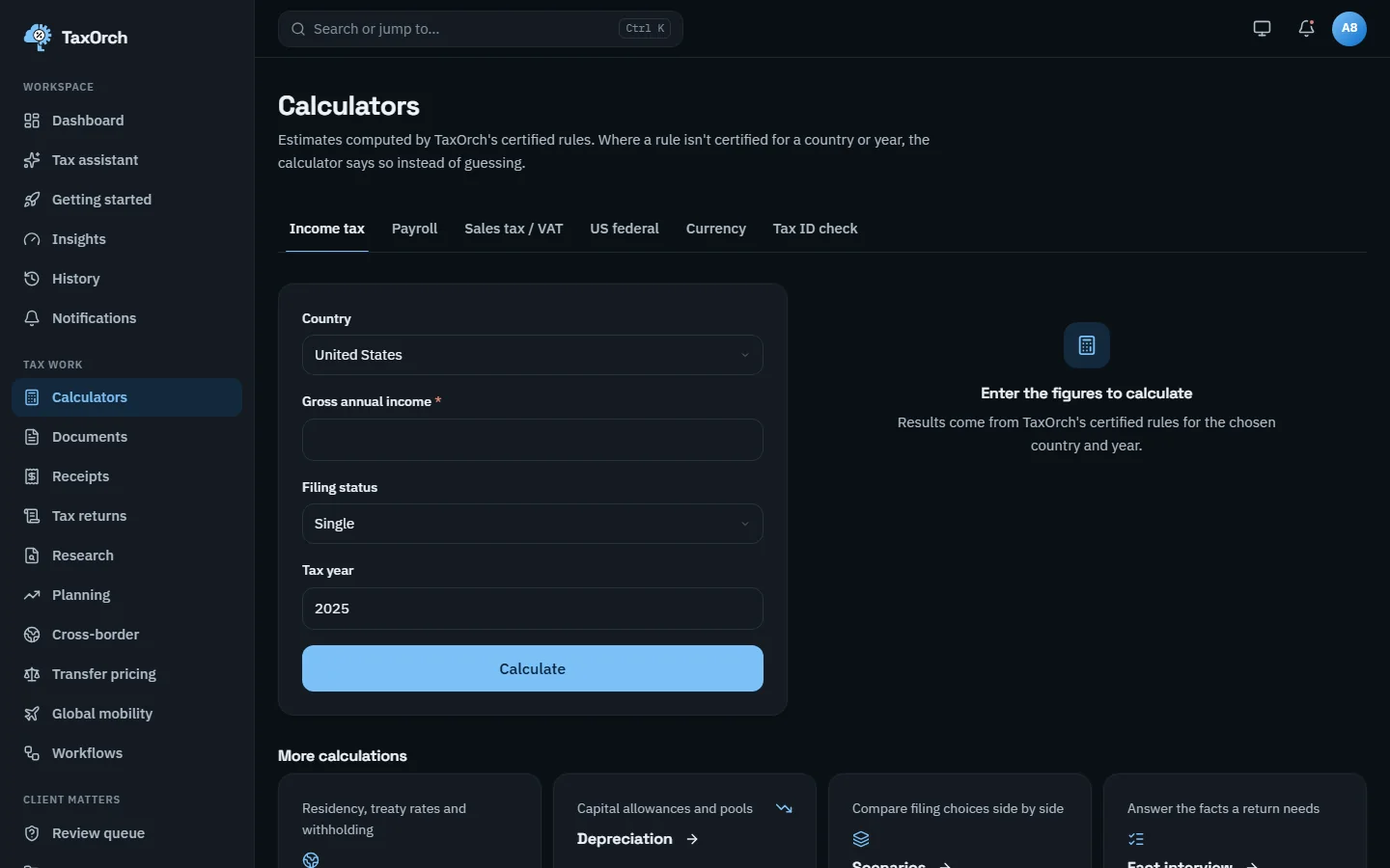 The TaxOrch Calculators page with Income tax, Payroll, Sales tax / VAT, US federal, Currency and Tax ID check tabs, an income tax form for the United States and links to more calculations