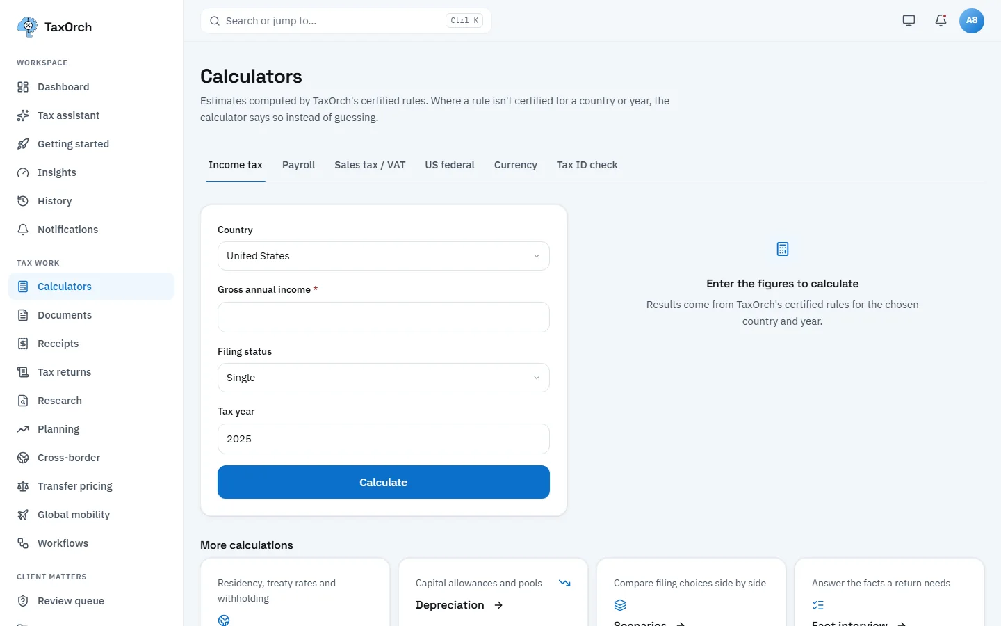 The TaxOrch Calculators page with Income tax, Payroll, Sales tax / VAT, US federal, Currency and Tax ID check tabs, an income tax form for the United States and links to more calculations