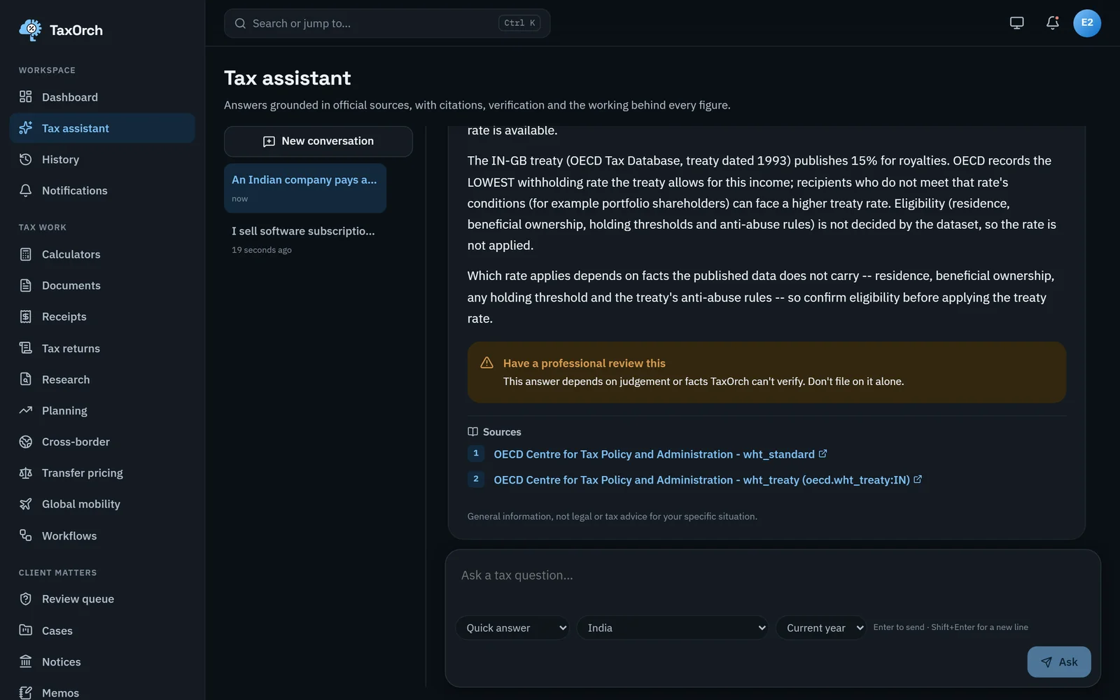 TaxOrch answer on royalties from India to the UK explaining the 15% treaty rate and its conditions, with a Have a professional review this notice and two OECD sources cited