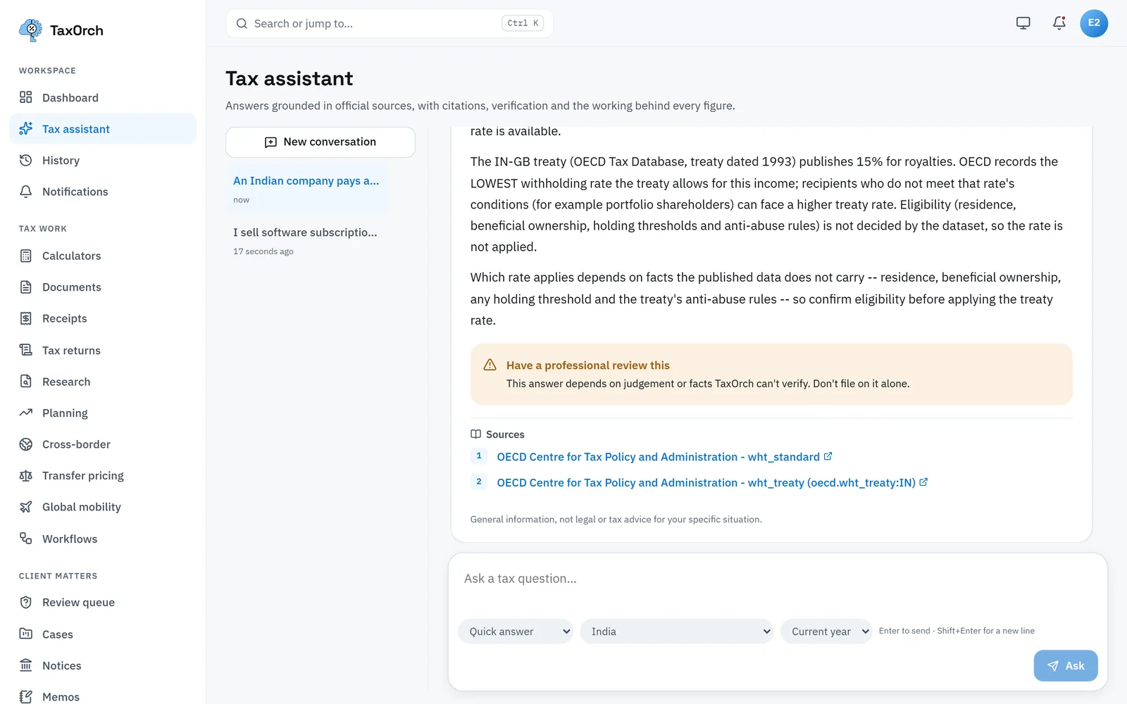TaxOrch answer on royalties from India to the UK explaining the 15% treaty rate and its conditions, with a Have a professional review this notice and two OECD sources cited