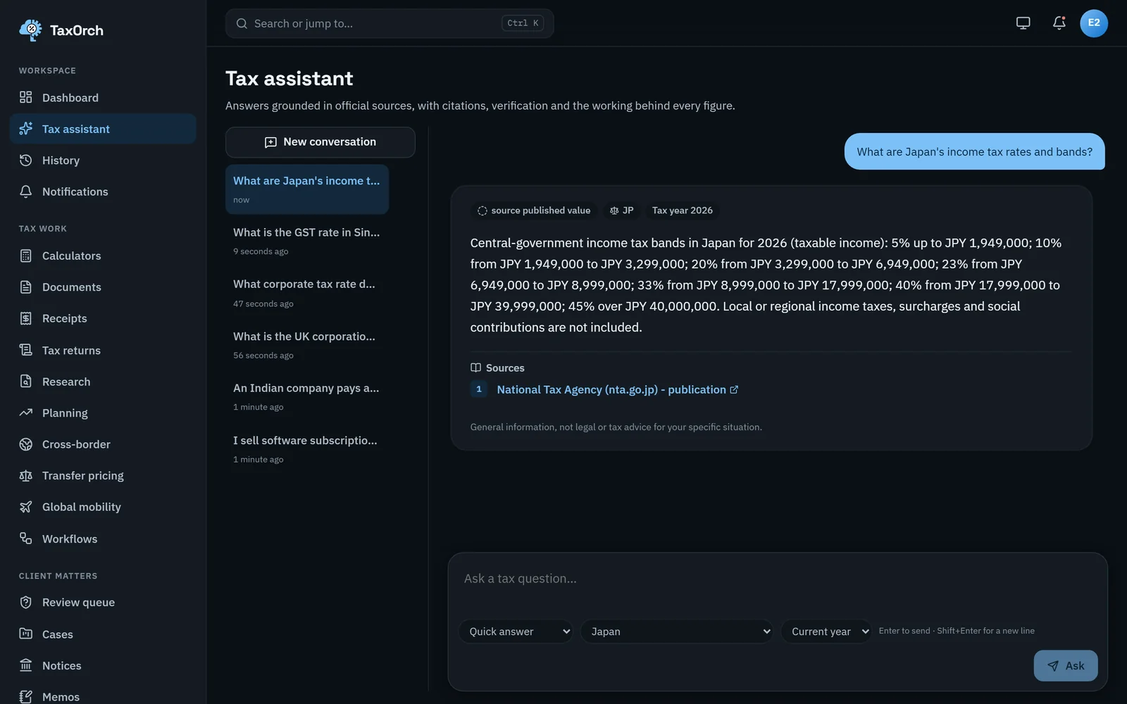 TaxOrch listing Japan's 2026 central-government income tax bands from 5% to 45% with yen thresholds, noting that local taxes and social contributions are not included, cited to the National Tax Agency