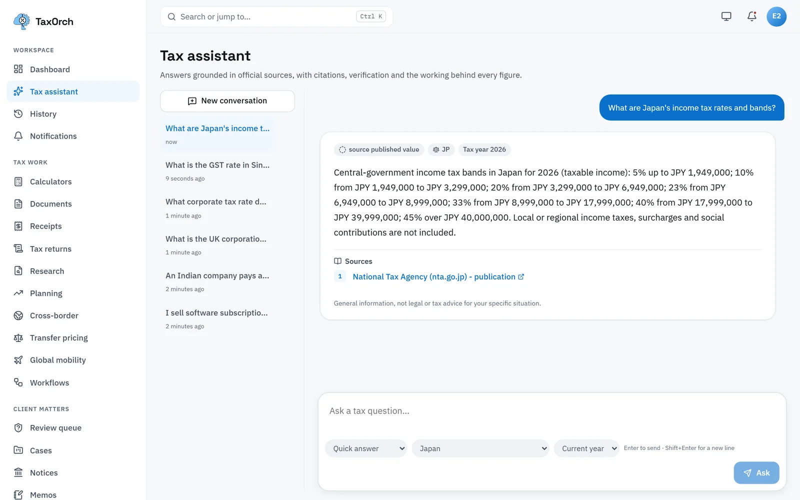 TaxOrch listing Japan's 2026 central-government income tax bands from 5% to 45% with yen thresholds, noting that local taxes and social contributions are not included, cited to the National Tax Agency
