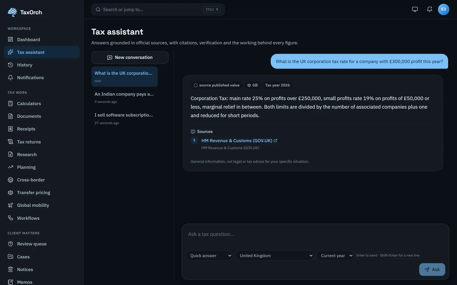 TaxOrch answering the UK corporation tax rate for a company with £300,000 profit: main rate 25% over £250,000, small profits rate 19% at £50,000 or less, marginal relief between, cited to HM Revenue and Customs