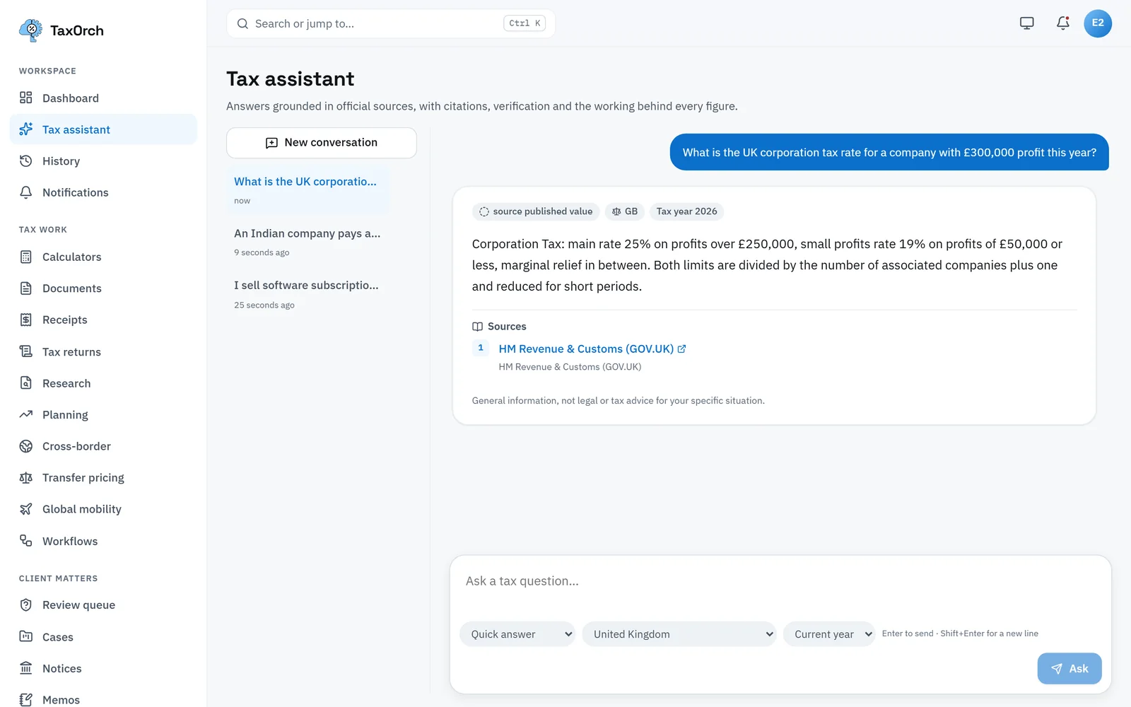 TaxOrch answering the UK corporation tax rate for a company with £300,000 profit: main rate 25% over £250,000, small profits rate 19% at £50,000 or less, marginal relief between, cited to HM Revenue and Customs