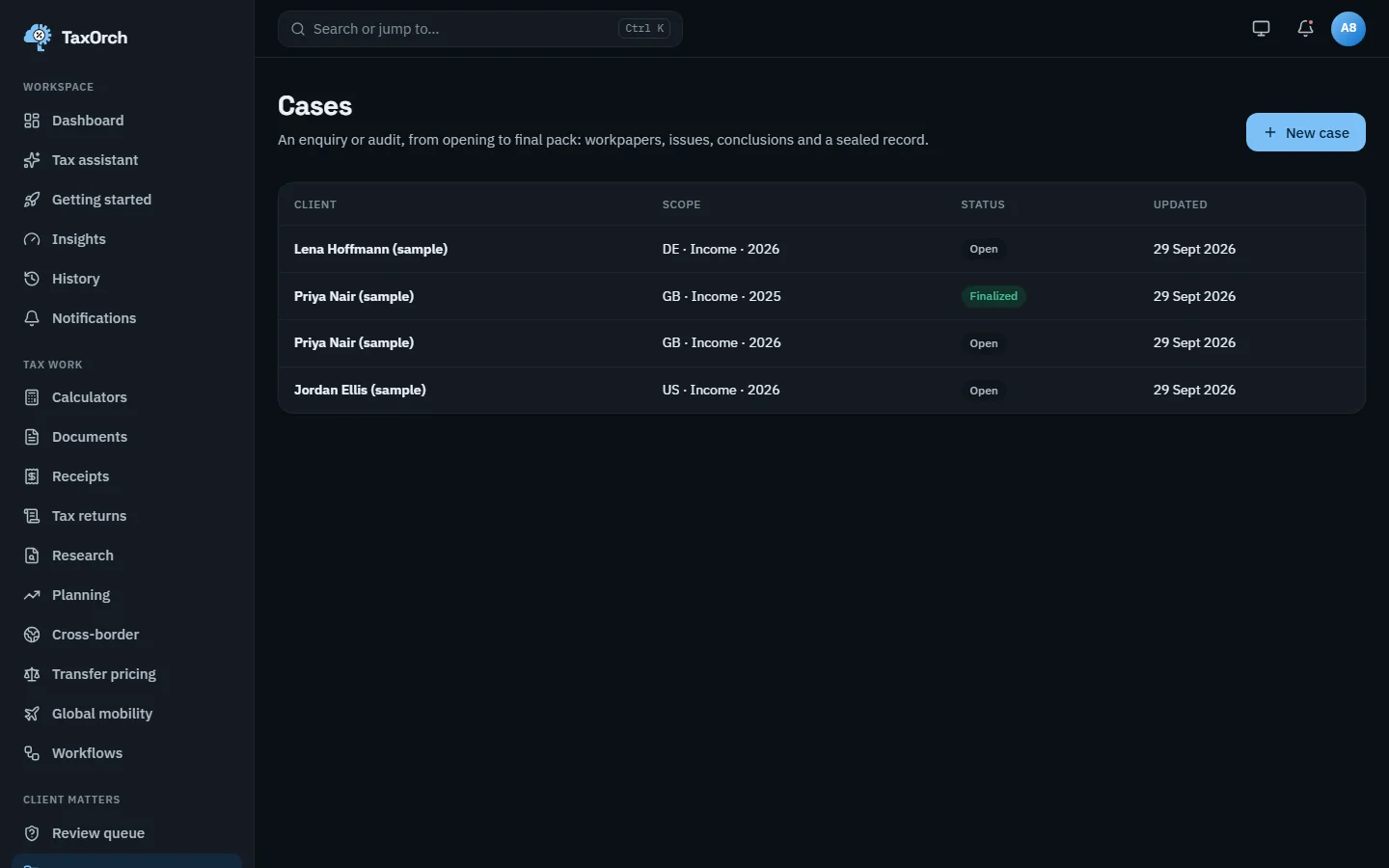 The TaxOrch Cases list with four sample clients: Lena Hoffmann for DE income 2026, Priya Nair for GB income 2025 marked finalised and 2026 open, and Jordan Ellis for US income 2026