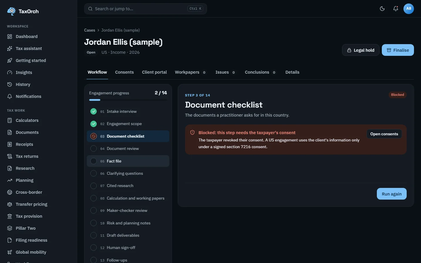 The Document checklist step of the Jordan Ellis (sample) case blocked in TaxOrch with a red notice that the taxpayer revoked their consent and a US engagement uses the client's information only under a signed section 7216 consent