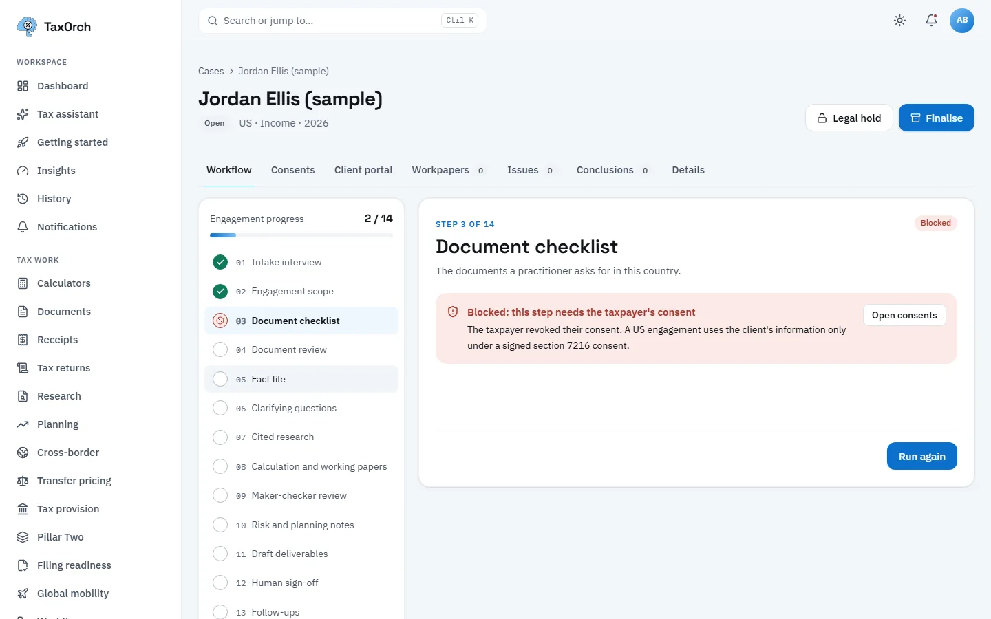 The Document checklist step of the Jordan Ellis (sample) case blocked in TaxOrch with a red notice that the taxpayer revoked their consent and a US engagement uses the client's information only under a signed section 7216 consent