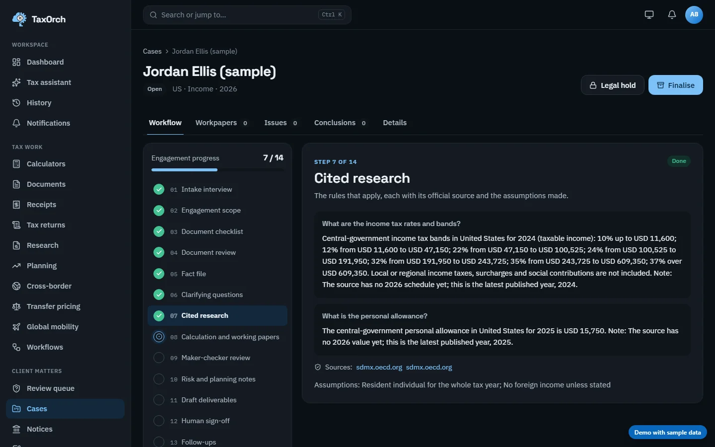 The Cited research step of the Jordan Ellis (sample) case in TaxOrch showing US income tax bands for 2024 and the personal allowance for 2025 with OECD sources and the assumptions made
