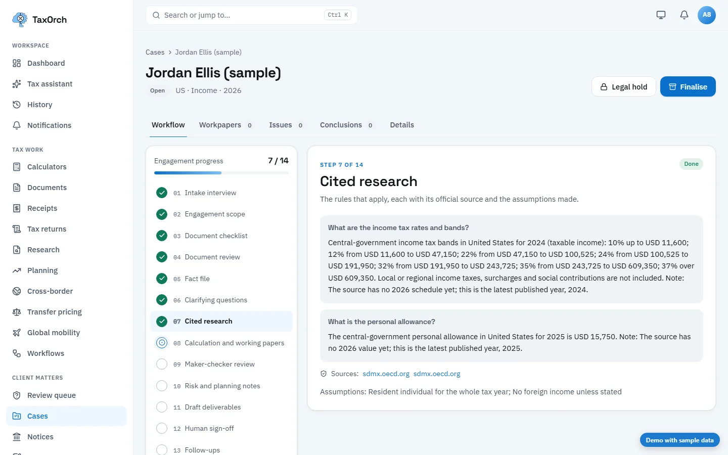 The Cited research step of the Jordan Ellis (sample) case in TaxOrch showing US income tax bands for 2024 and the personal allowance for 2025 with OECD sources and the assumptions made