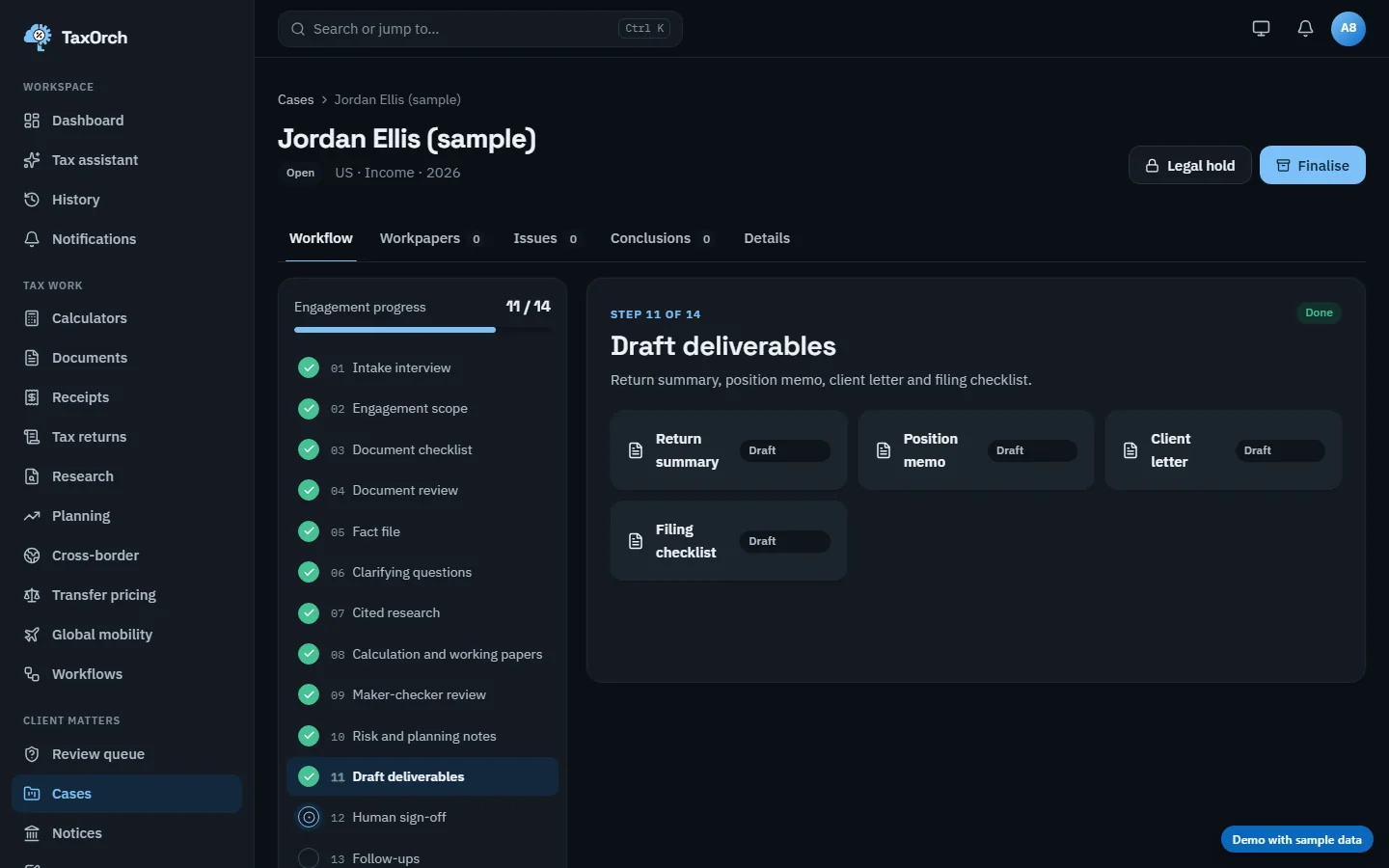The Draft deliverables step of the Jordan Ellis (sample) case in TaxOrch showing four cards, Return summary, Position memo, Client letter and Filing checklist, each marked Draft