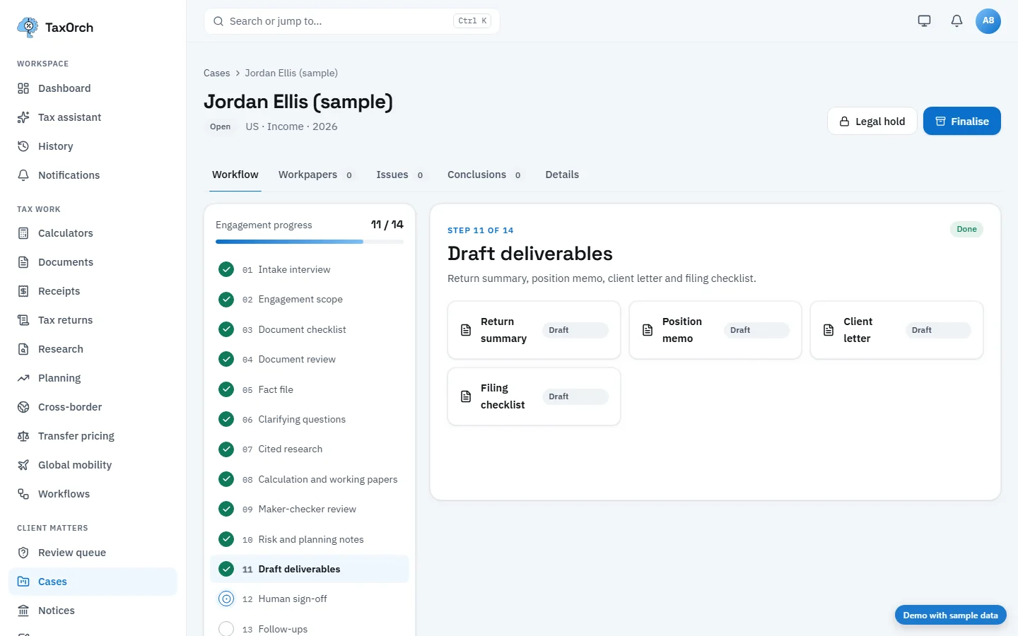 The Draft deliverables step of the Jordan Ellis (sample) case in TaxOrch showing four cards, Return summary, Position memo, Client letter and Filing checklist, each marked Draft