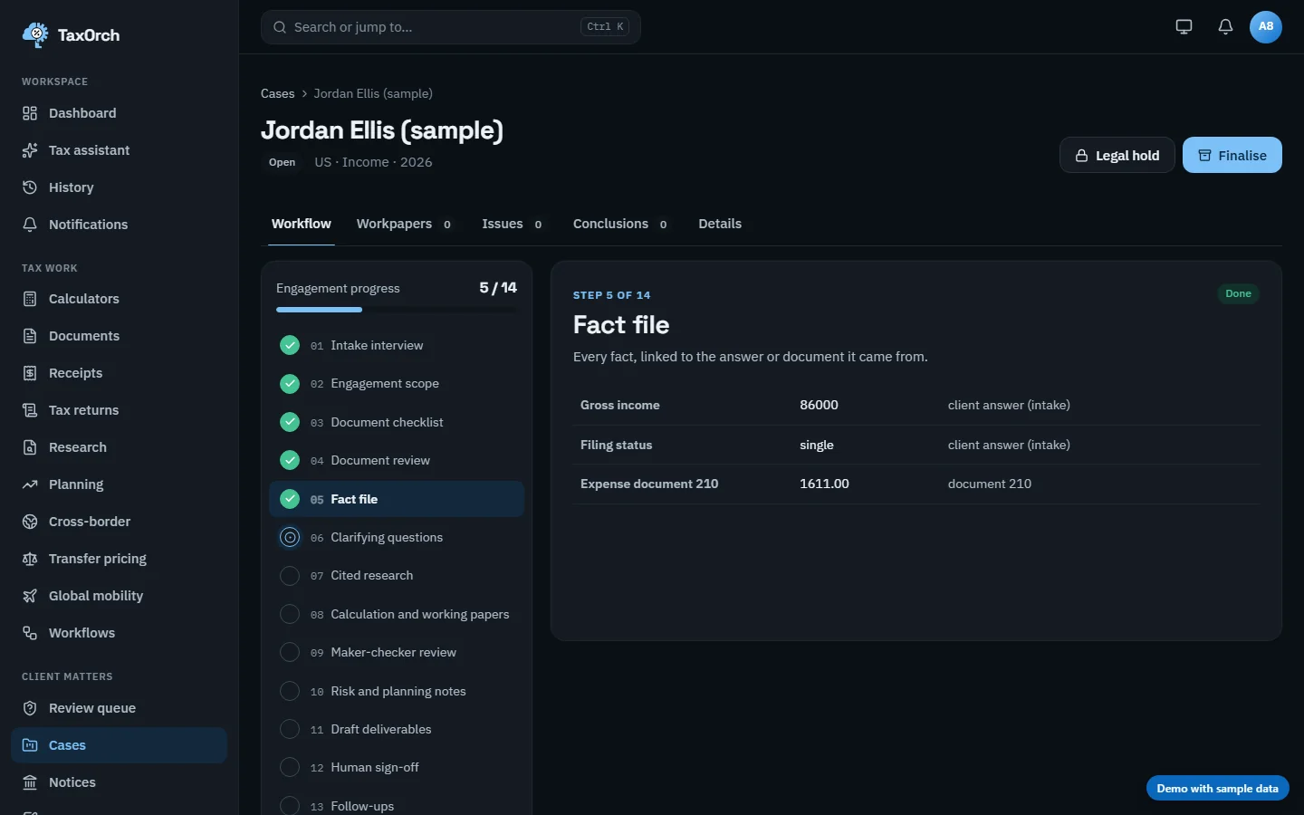 The Fact file step of the Jordan Ellis (sample) case in TaxOrch listing gross income 86000 and filing status single from the client intake answers, and expense document 207 of 1611.00 from document 207
