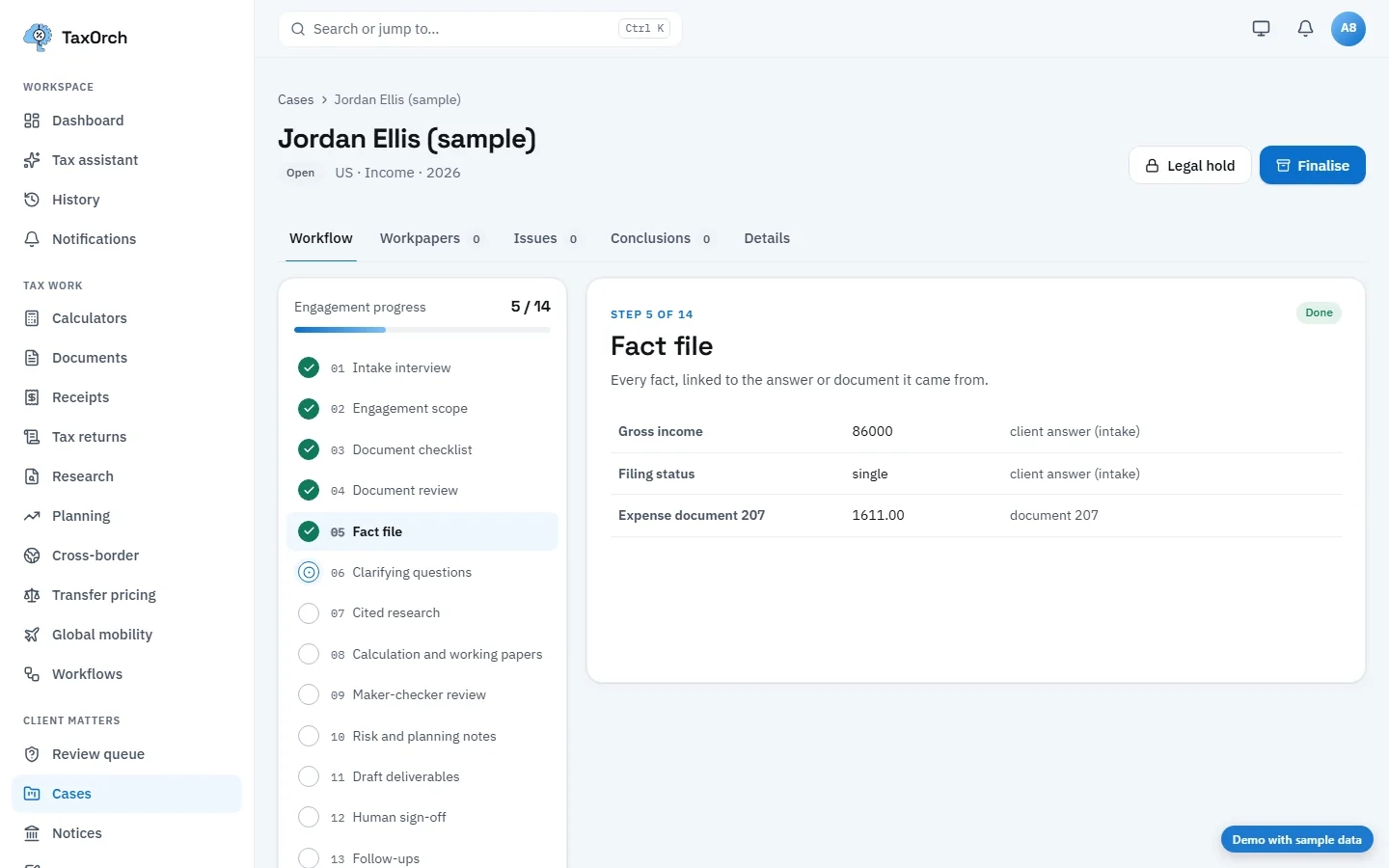 The Fact file step of the Jordan Ellis (sample) case in TaxOrch listing gross income 86000 and filing status single from the client intake answers, and expense document 207 of 1611.00 from document 207