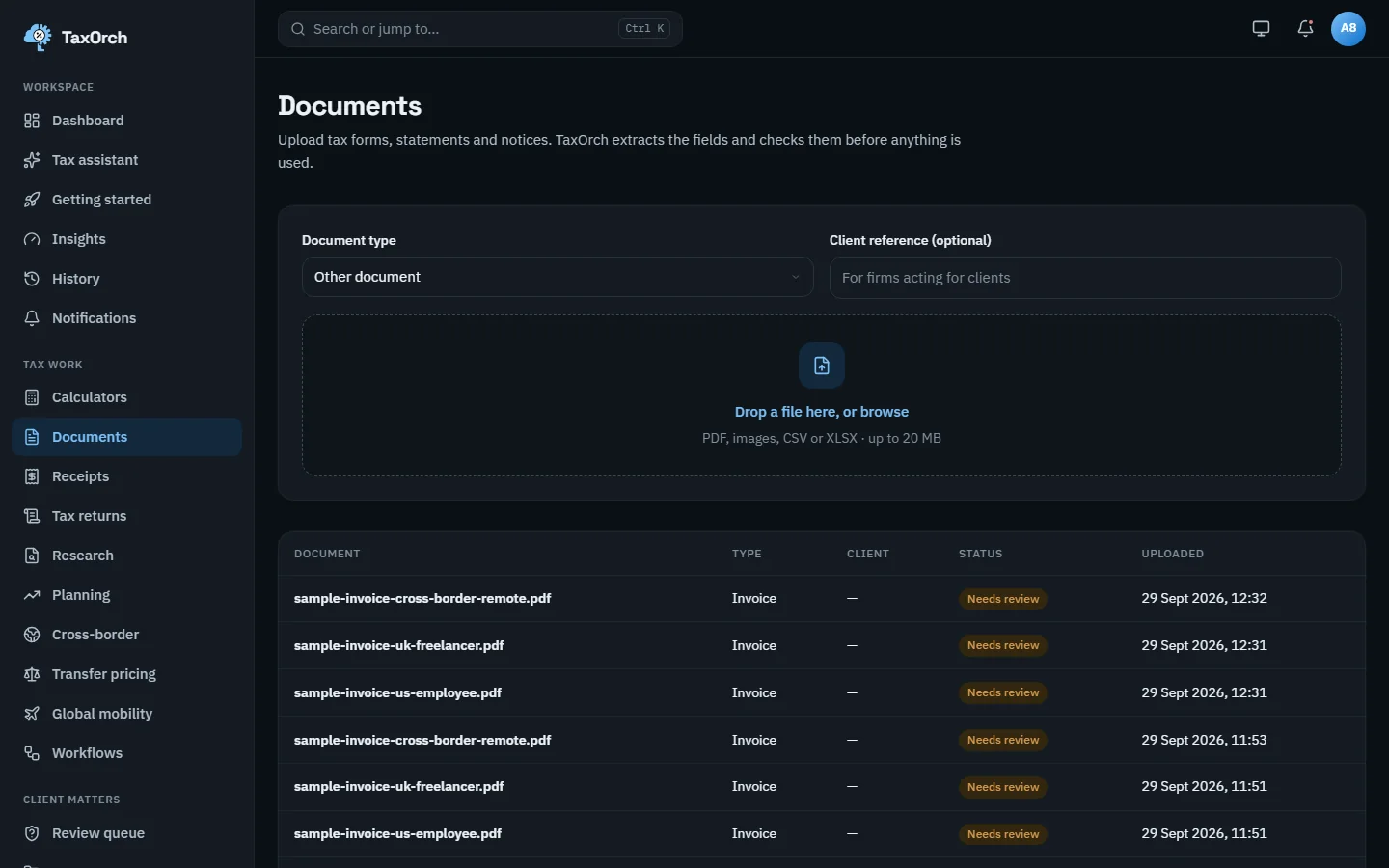 The TaxOrch Documents page with a document type selector, an optional client reference, a drop zone accepting PDF, images, CSV or XLSX up to 20 MB, and a table of uploaded sample invoices marked Needs review