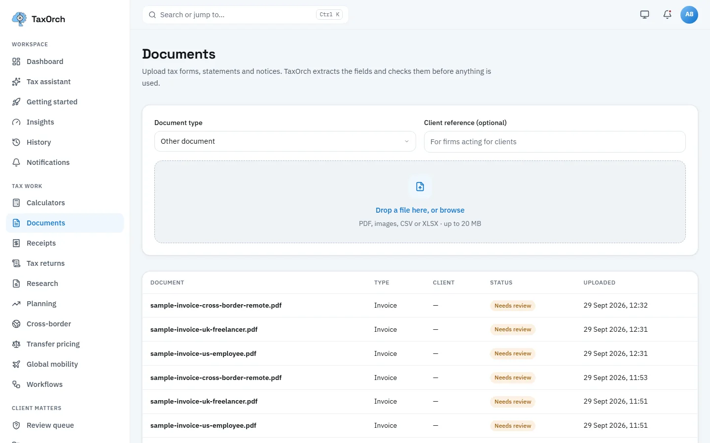 The TaxOrch Documents page with a document type selector, an optional client reference, a drop zone accepting PDF, images, CSV or XLSX up to 20 MB, and a table of uploaded sample invoices marked Needs review