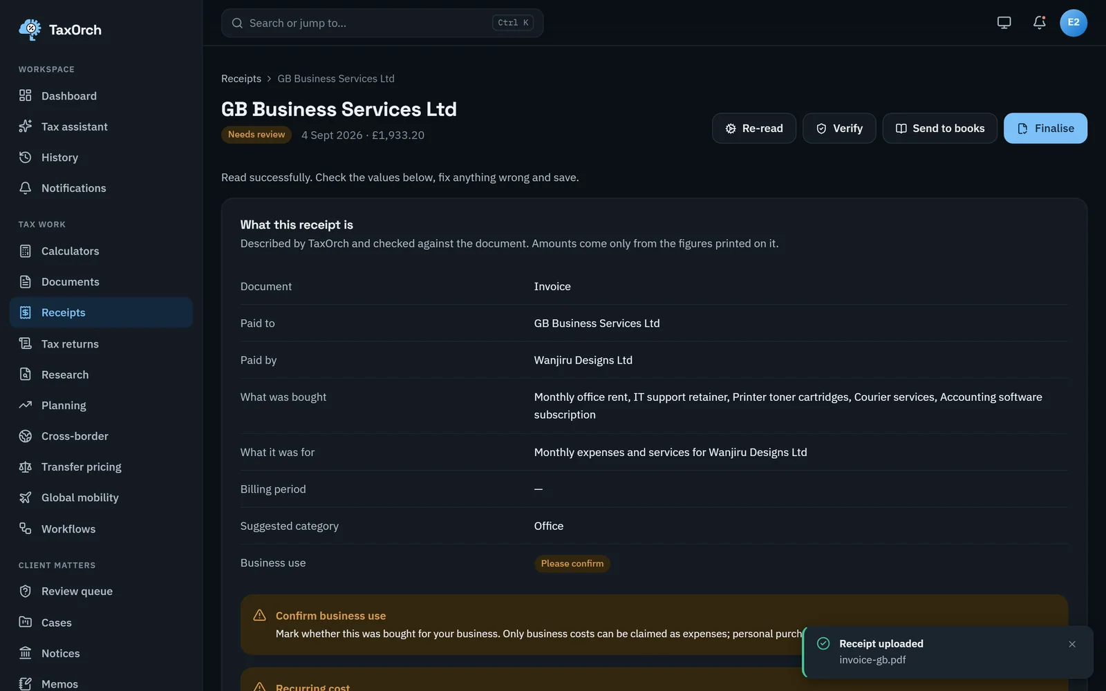 A receipt from GB Business Services Ltd opened in TaxOrch showing what was read: paid to, paid by Wanjiru Designs Ltd, what was bought, what it was for, the suggested category Office, and a Business use field marked Please confirm