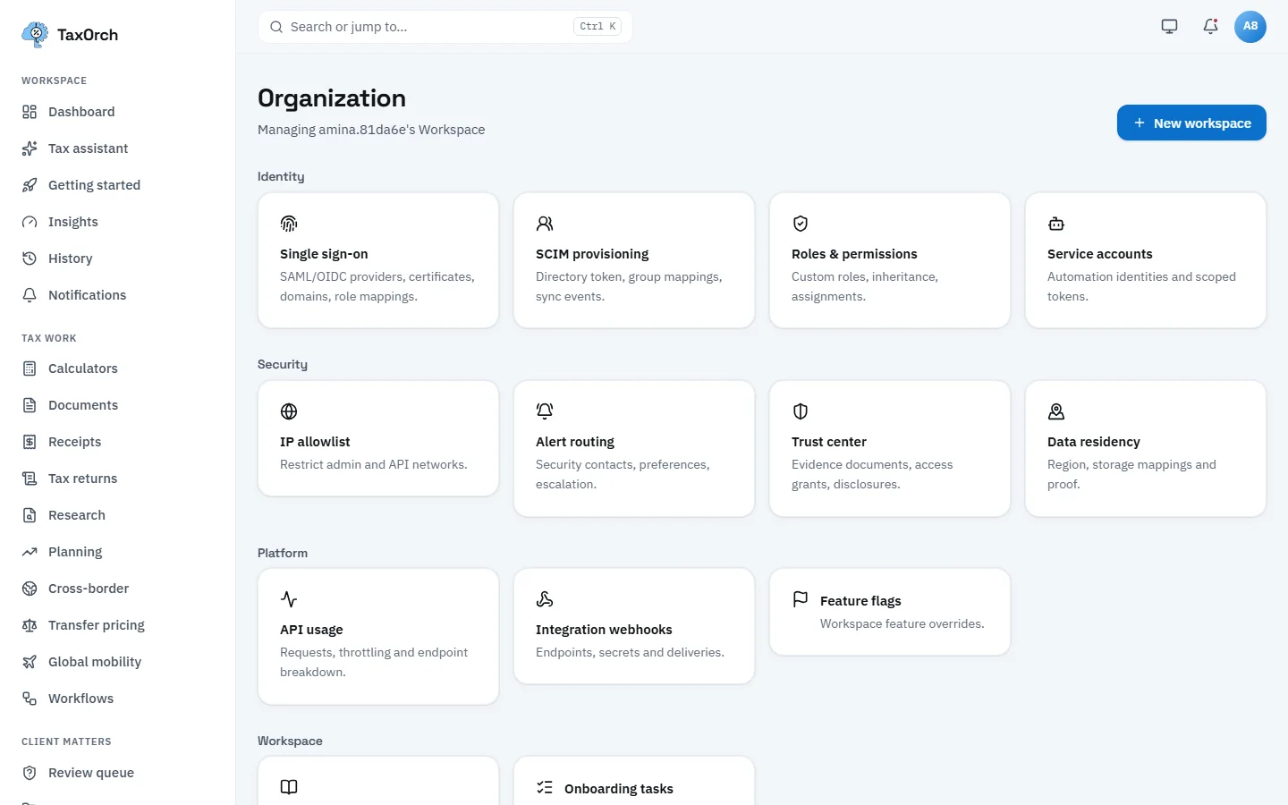 The TaxOrch organisation page with cards for single sign-on, SCIM provisioning, roles and permissions, service accounts, IP allowlist, alert routing, trust centre, data residency, API usage, integration webhooks and feature flags