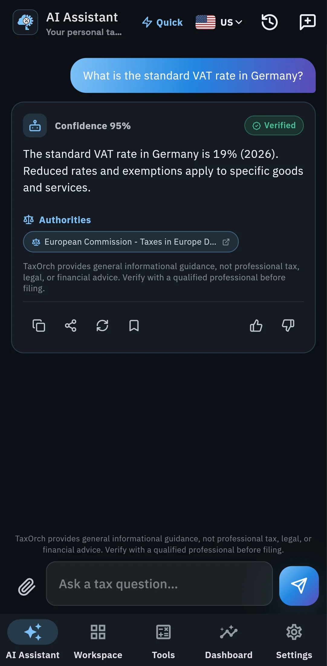 The TaxOrch mobile app answering that the standard VAT rate in Germany is 19% for 2026 with Confidence 95%, a Verified badge, the European Commission Taxes in Europe Database as the authority, and copy, share, save and feedback icons