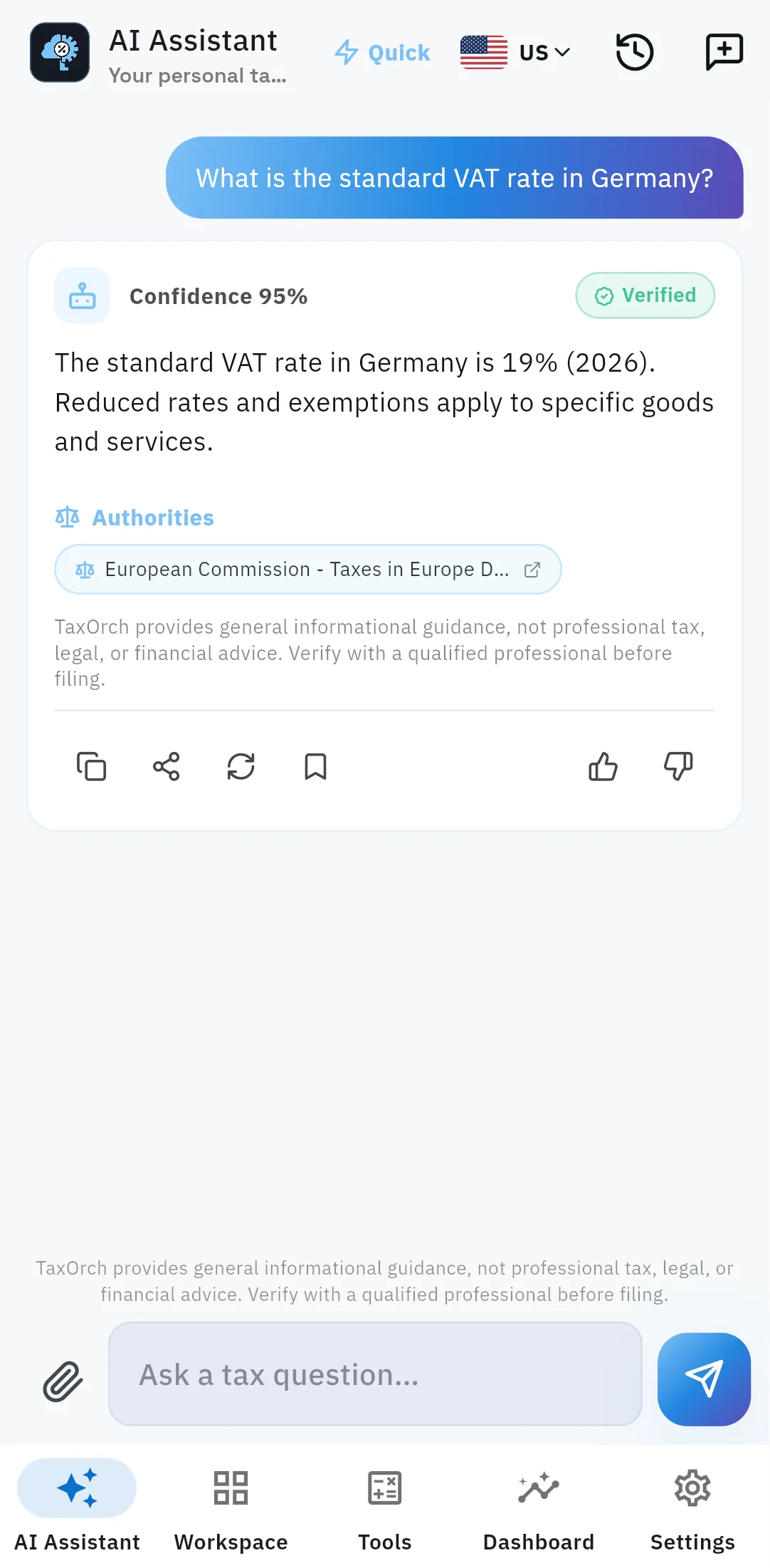 The TaxOrch mobile app answering that the standard VAT rate in Germany is 19% for 2026 with Confidence 95%, a Verified badge, the European Commission Taxes in Europe Database as the authority, and copy, share, save and feedback icons