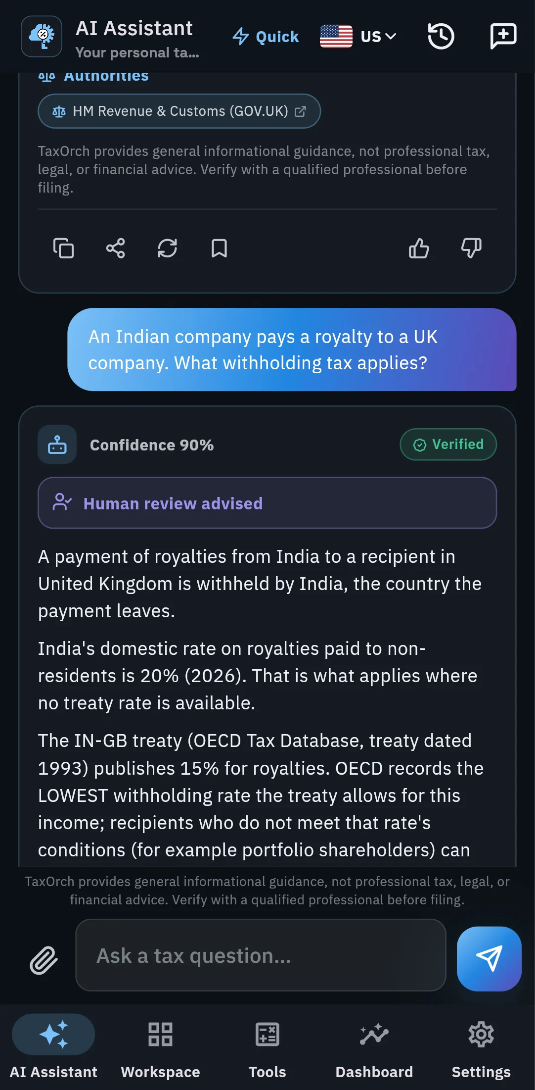 The TaxOrch mobile app answering a question about royalties from an Indian company to a UK company with Confidence 90%, a Verified badge and a Human review advised banner, explaining India's 20% domestic rate and the 15% treaty rate