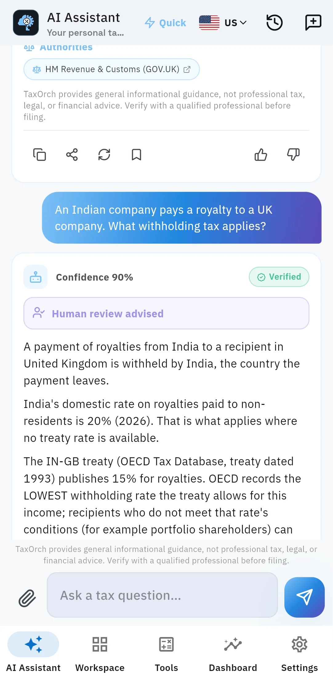 The TaxOrch mobile app answering a question about royalties from an Indian company to a UK company with Confidence 90%, a Verified badge and a Human review advised banner, explaining India's 20% domestic rate and the 15% treaty rate
