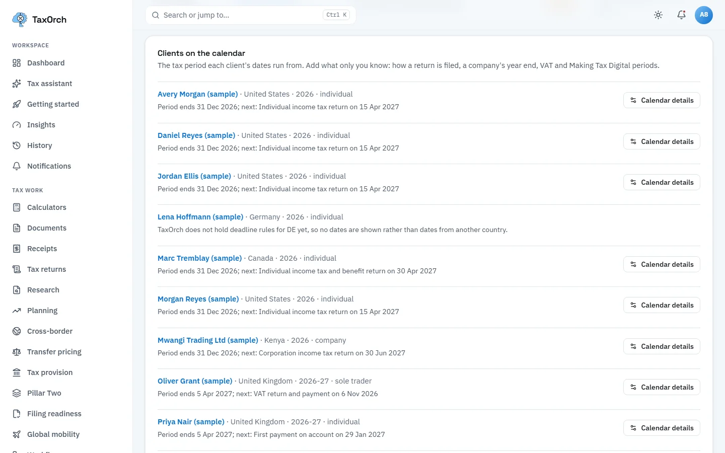 The Clients on the calendar view in TaxOrch listing sample clients in the United States, Germany, Canada, Kenya and the United Kingdom with each period end and next obligation, and a note that TaxOrch does not hold deadline rules for DE yet so no dates are shown