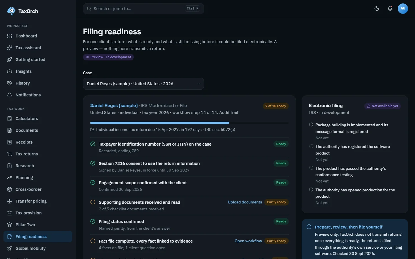 The TaxOrch Filing readiness page with a Preview, In development badge, for Daniel Reyes (sample) IRS Modernized e-File showing 7 of 10 ready, the return due 15 April 2027 under IRC sec. 6072(a), and an Electronic filing panel marked Not available yet
