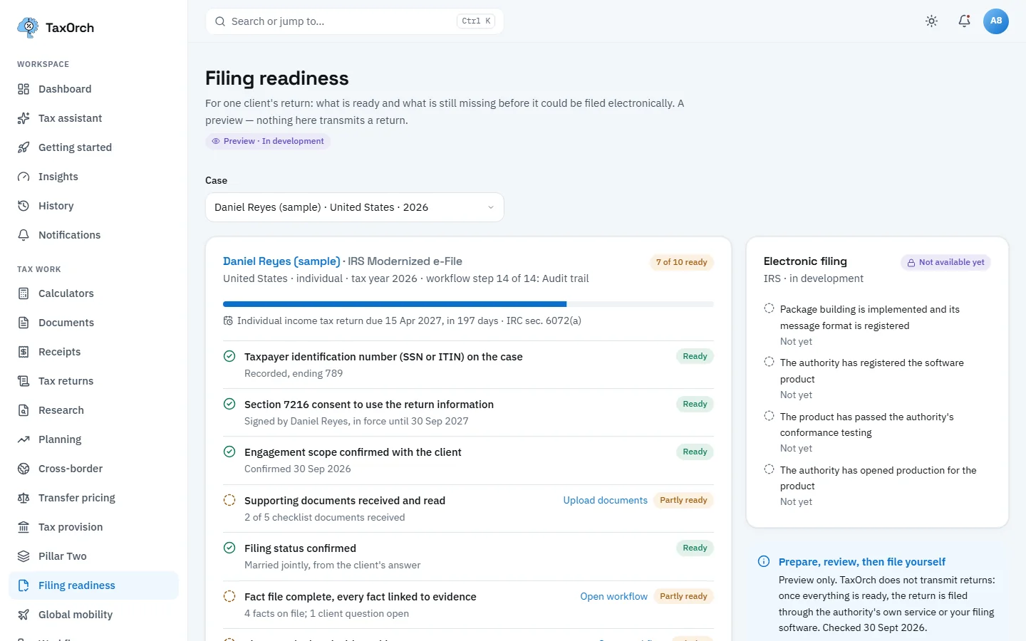 The TaxOrch Filing readiness page with a Preview, In development badge, for Daniel Reyes (sample) IRS Modernized e-File showing 7 of 10 ready, the return due 15 April 2027 under IRC sec. 6072(a), and an Electronic filing panel marked Not available yet
