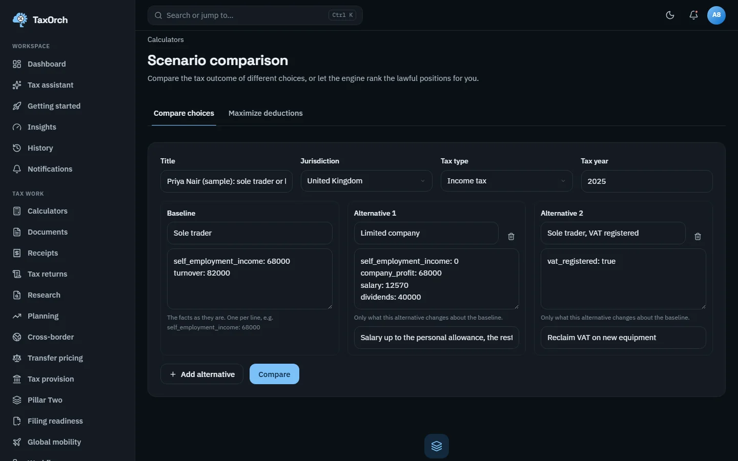 The TaxOrch Scenario comparison form for Priya Nair (sample), United Kingdom income tax 2025, with a sole trader baseline and two alternatives, limited company and sole trader VAT registered, each listing only what changes
