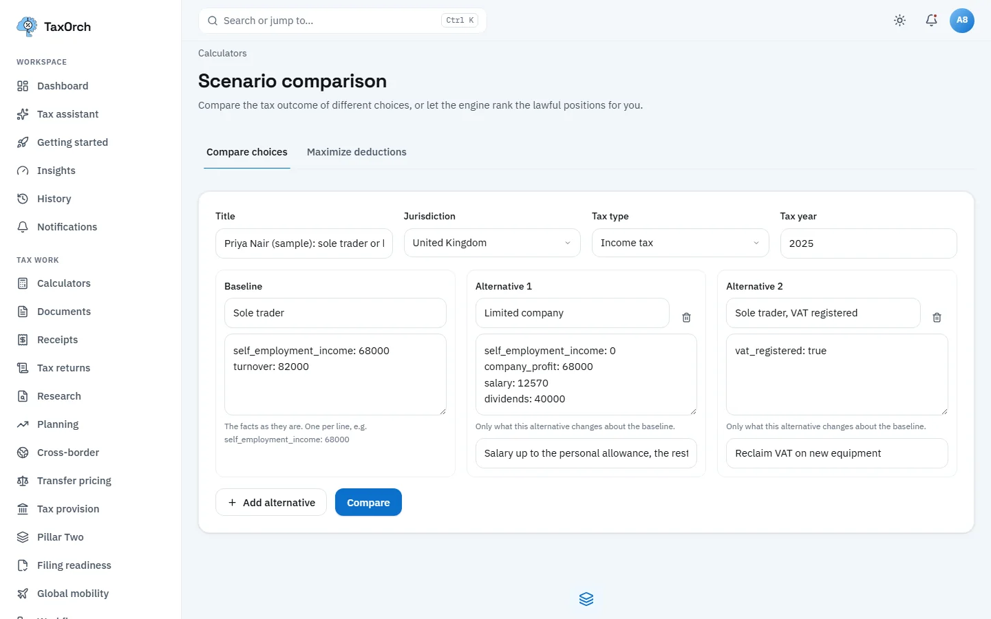 The TaxOrch Scenario comparison form for Priya Nair (sample), United Kingdom income tax 2025, with a sole trader baseline and two alternatives, limited company and sole trader VAT registered, each listing only what changes