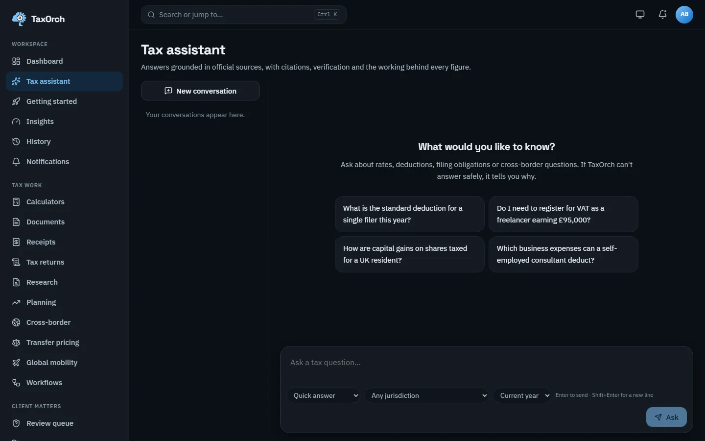 The TaxOrch tax assistant on a new conversation with four example questions and a question box with answer mode, jurisdiction and tax year controls