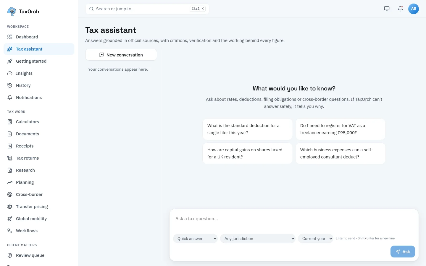 The TaxOrch tax assistant on a new conversation with four example questions and a question box with answer mode, jurisdiction and tax year controls