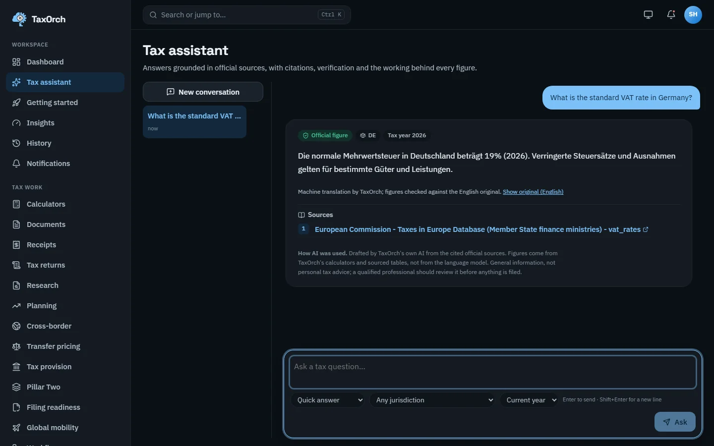 TaxOrch showing the German VAT answer in German with a note that it is a machine translation checked against the English original and a link to show the original