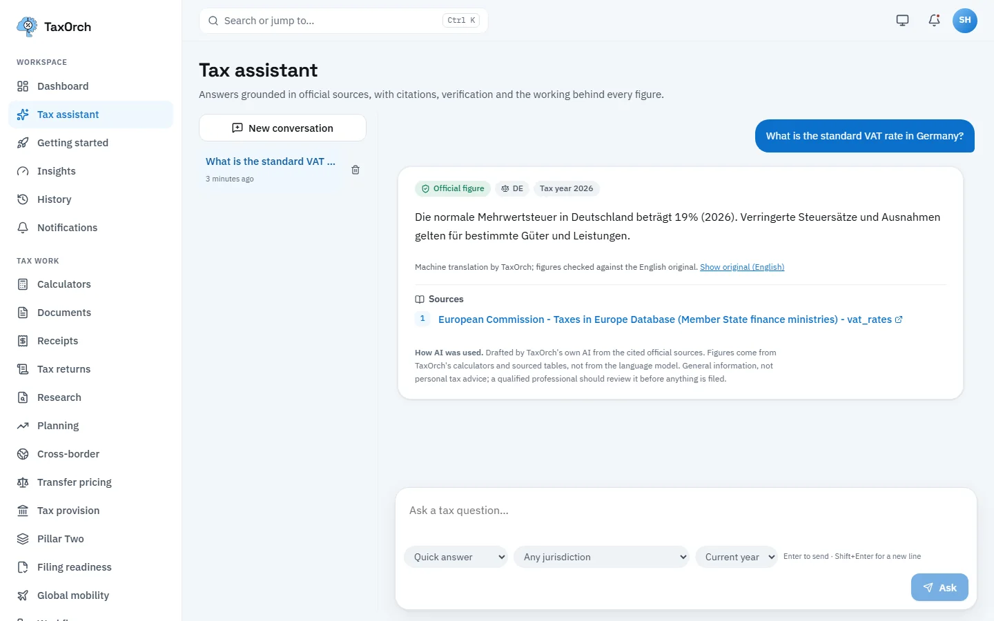 TaxOrch showing the German VAT answer in German with a note that it is a machine translation checked against the English original and a link to show the original