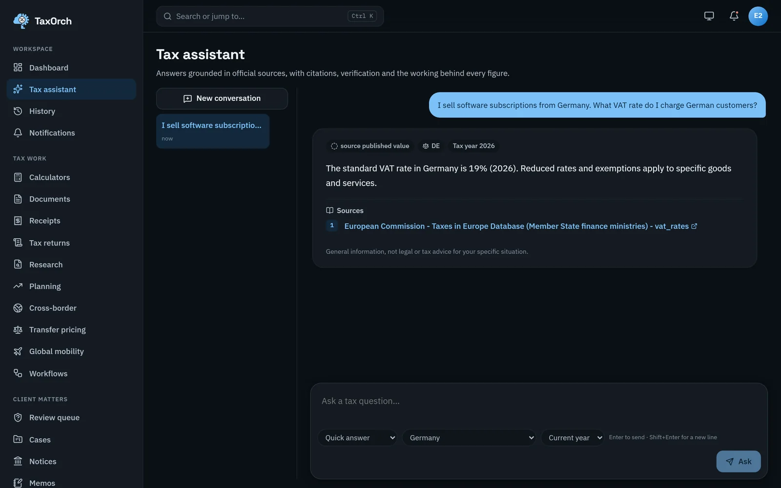 TaxOrch answering that the standard VAT rate in Germany is 19% for 2026, with badges for source published value, DE and tax year 2026, and a source link to the European Commission Taxes in Europe Database