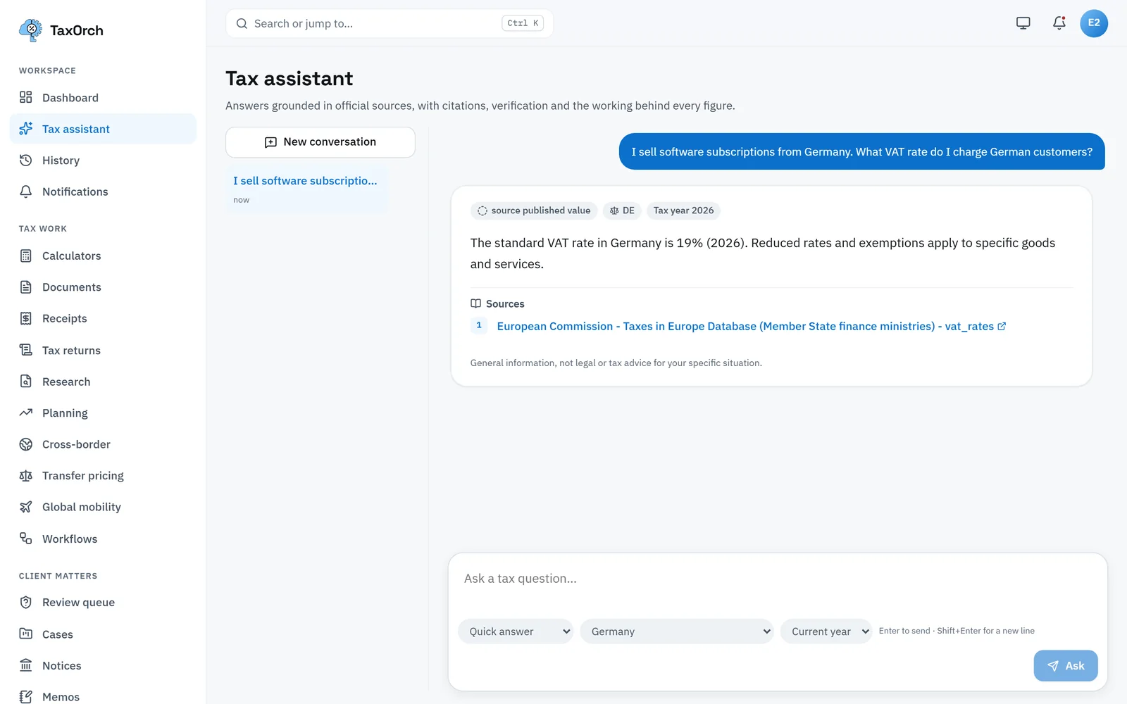 TaxOrch answering that the standard VAT rate in Germany is 19% for 2026, with badges for source published value, DE and tax year 2026, and a source link to the European Commission Taxes in Europe Database