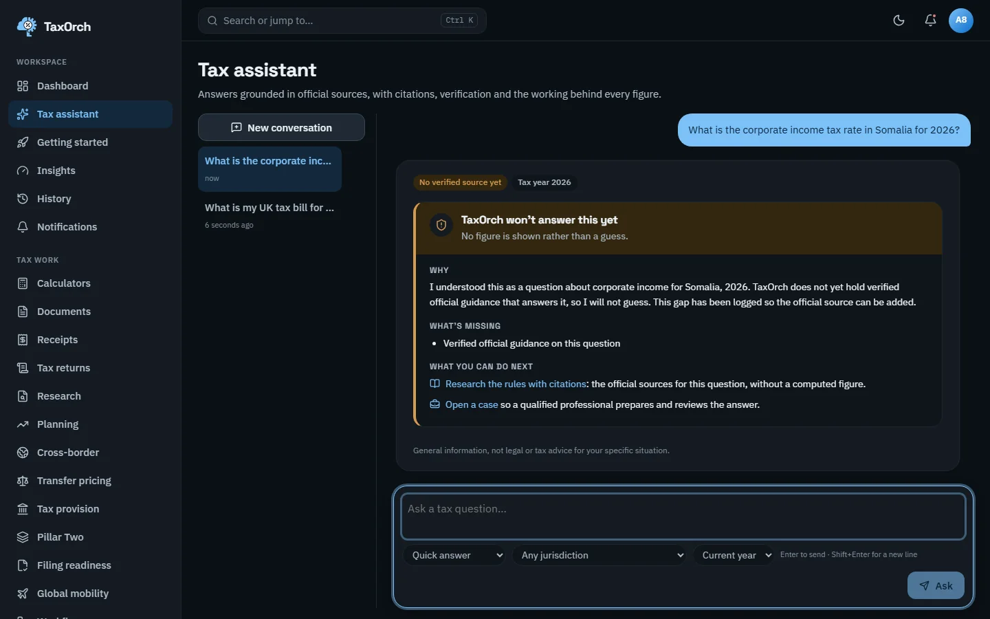 TaxOrch refusing to answer the corporate income tax rate in Somalia for 2026: a No verified source yet badge, the reason, what is missing and two next steps