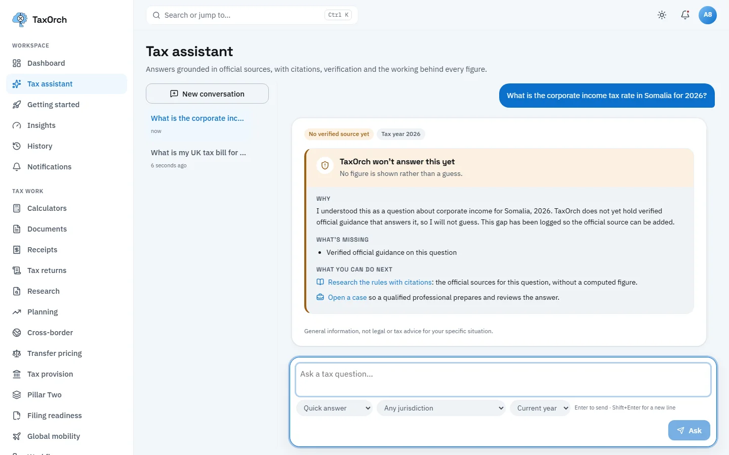 TaxOrch refusing to answer the corporate income tax rate in Somalia for 2026: a No verified source yet badge, the reason, what is missing and two next steps