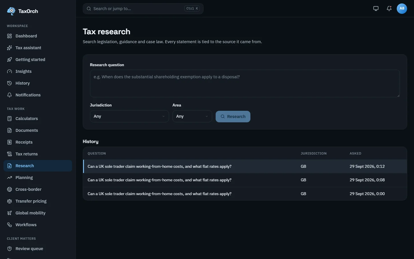 The TaxOrch tax research page with a research question box, jurisdiction and area selectors, and a history of earlier research questions with their jurisdiction and time