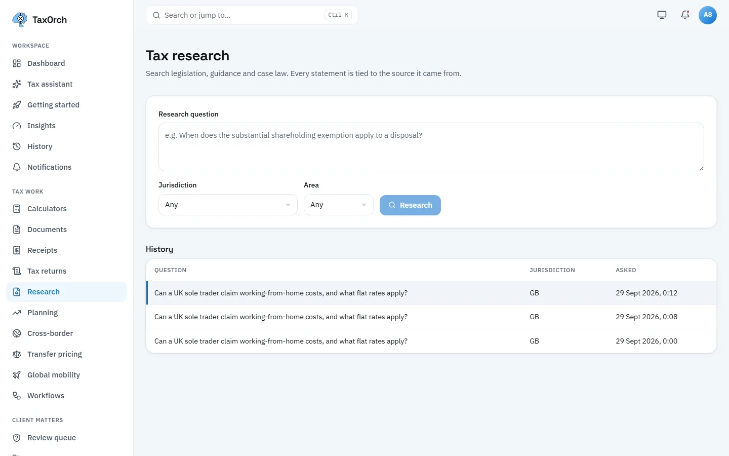 The TaxOrch tax research page with a research question box, jurisdiction and area selectors, and a history of earlier research questions with their jurisdiction and time