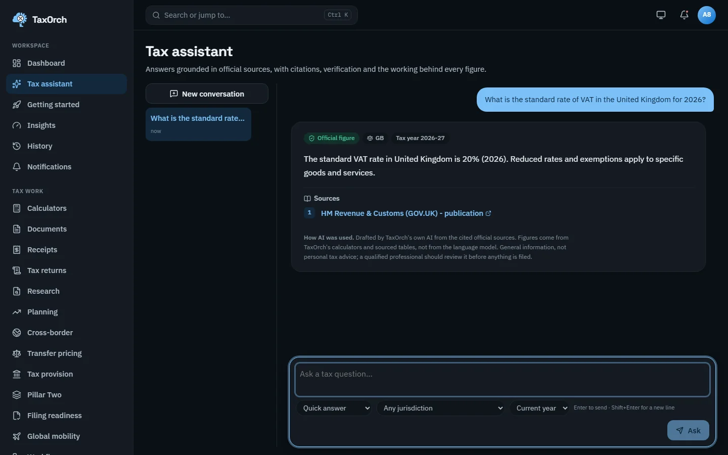 TaxOrch answer that the standard VAT rate in the United Kingdom is 20% for 2026 with an Official figure badge, a source link to HM Revenue and Customs, and a How AI was used disclosure under the answer